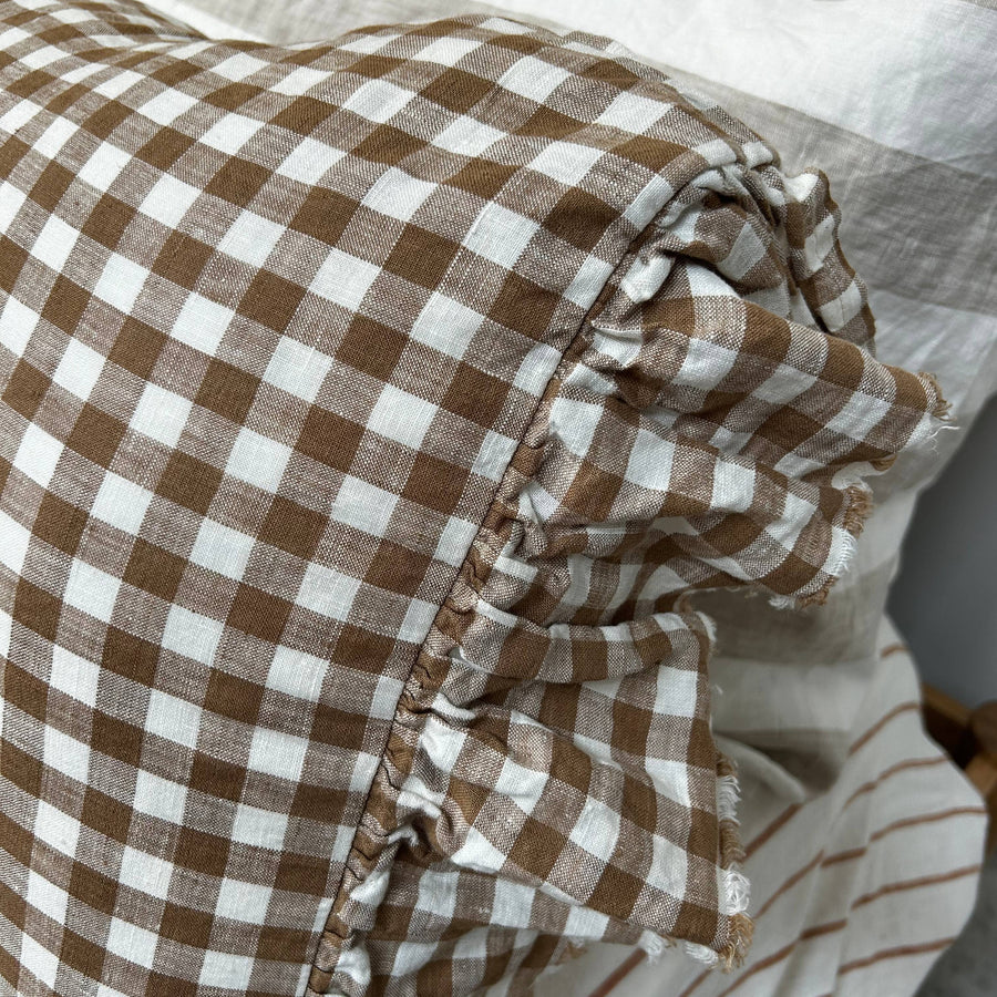 PRE-ORDER - Toetoe Linen Ruffle Pillowcase Pair - Biscuit Gingham