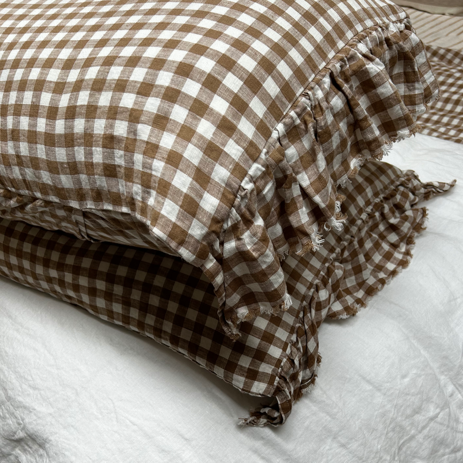 PRE-ORDER - Toetoe Linen Ruffle Pillowcase Pair - Biscuit Gingham