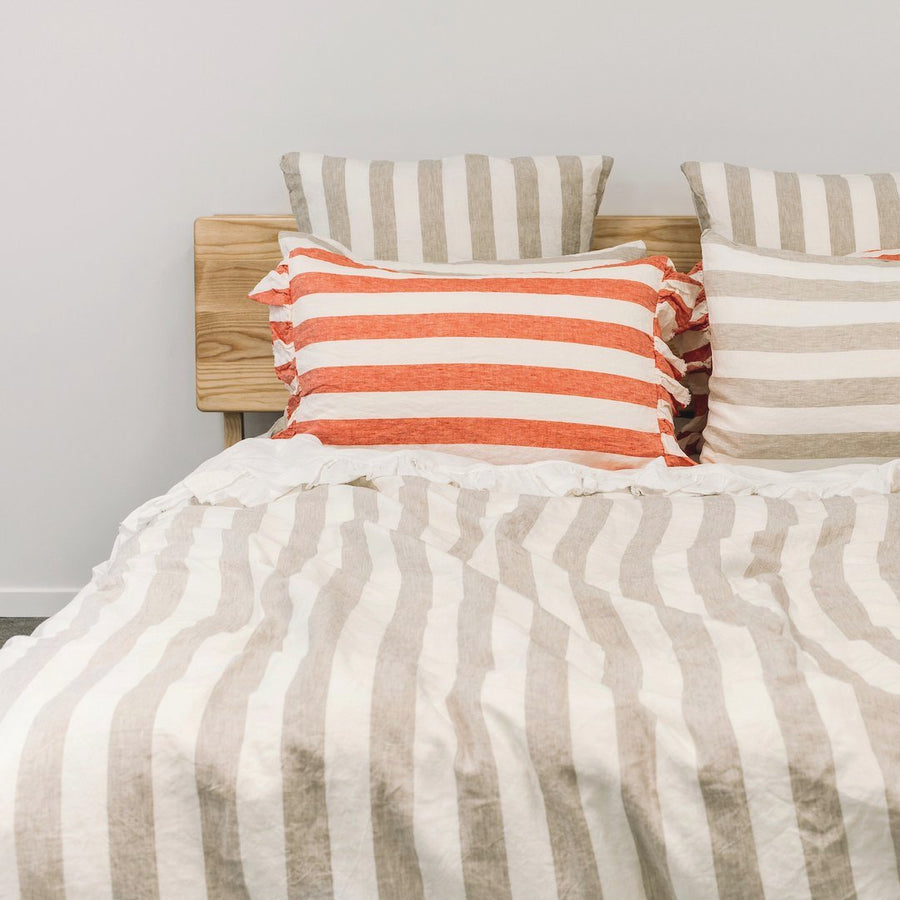 Toetoe Linen Ruffle Pillowcase Pair - Wide Rose Stripe