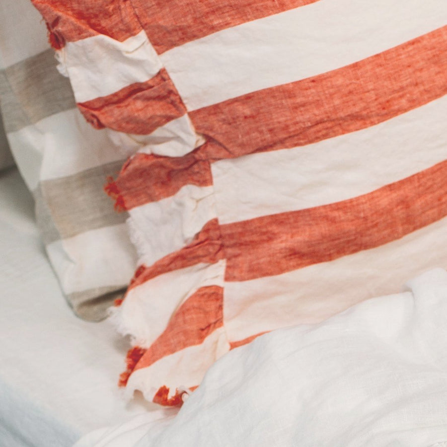 Toetoe Linen Ruffle Pillowcase Pair - Wide Rose Stripe