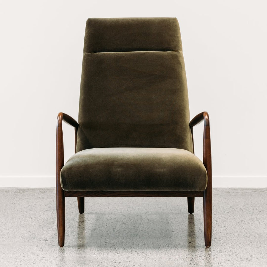 Mid-Century styled Aston Armchair in Cypress velvet front view