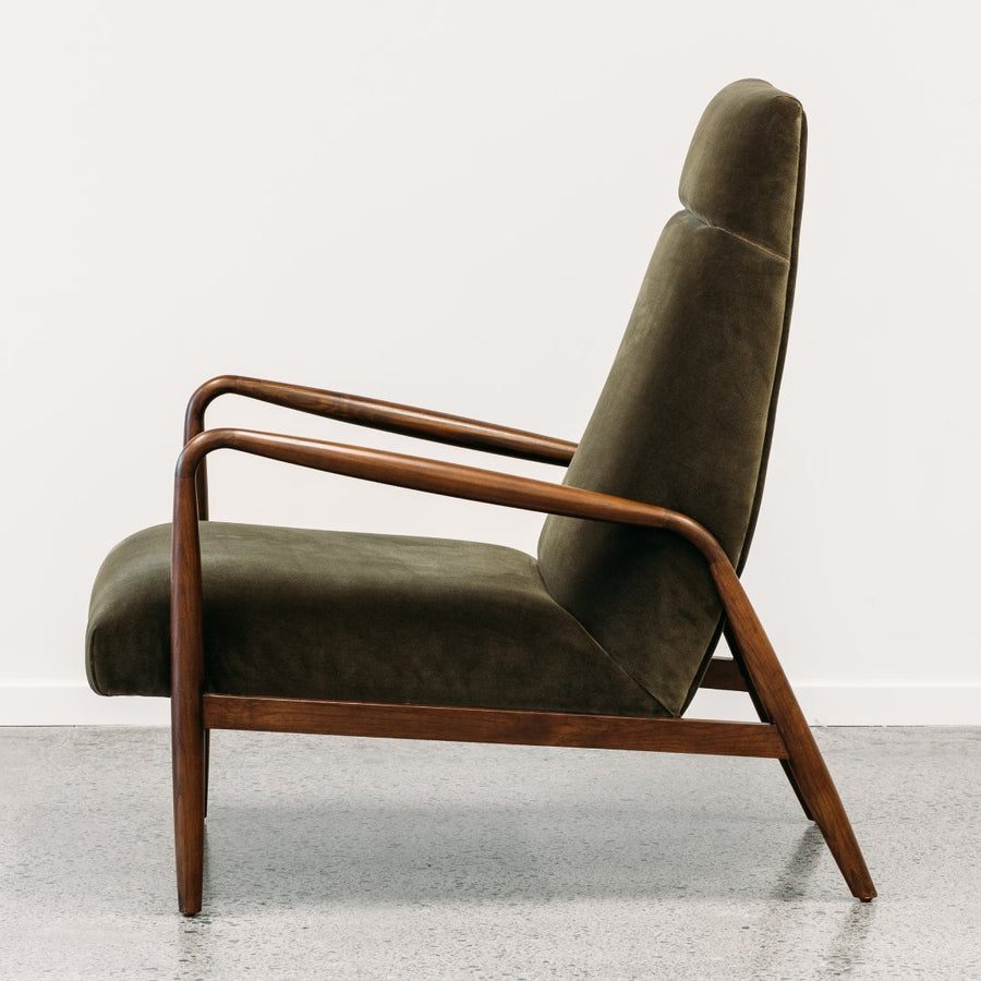 Mid-Century styled Aston Armchair in Cypress velvet side view