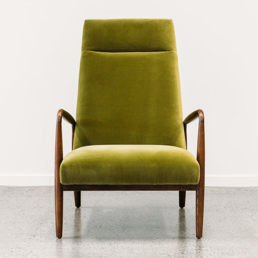 Mid-Century styled Aston Armchair in Olive velvet front view