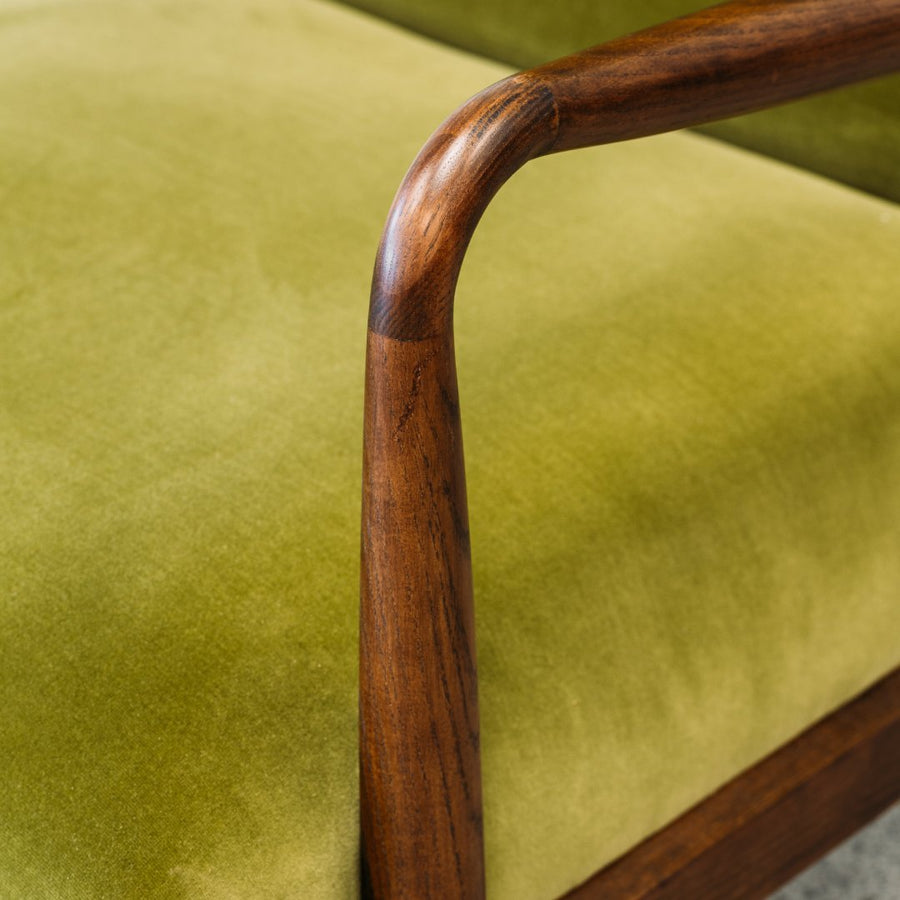 Mid-Century styled Aston Armchair in Olive velvet front arm view