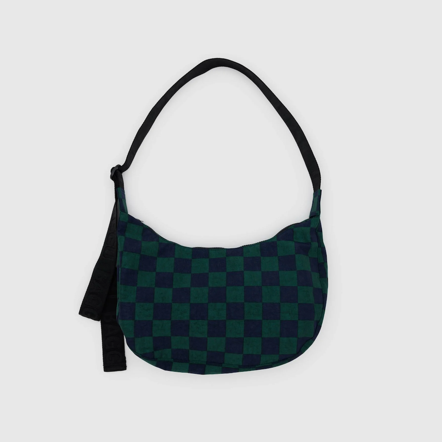 Medium Nylon Crescent Bag - Navy Green Check