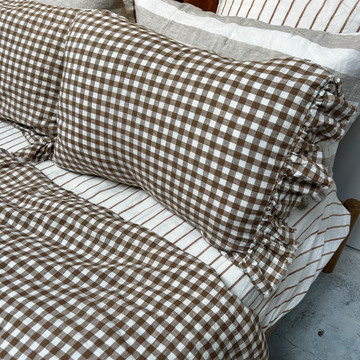 PRE-ORDER - Toetoe Linen Ruffle Pillowcase Pair - Biscuit Gingham