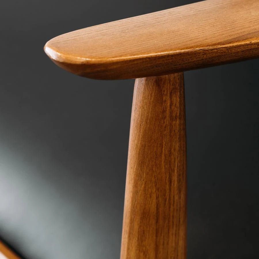 Mid-Century styled Kyoto Walnut Armchair in Black close-up on front arm