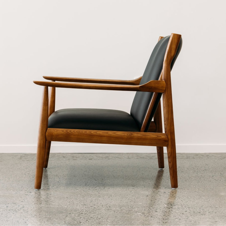 Mid-Century styled Kyoto Walnut Armchair in Black side view