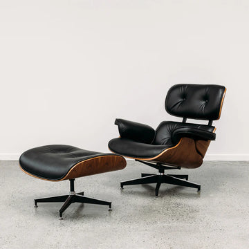 Replica Eames Chair + Ottoman  - Black Leather & Walnut Finish