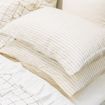 Toetoe Linen Pillowcase Pair - Olive Pinstripe