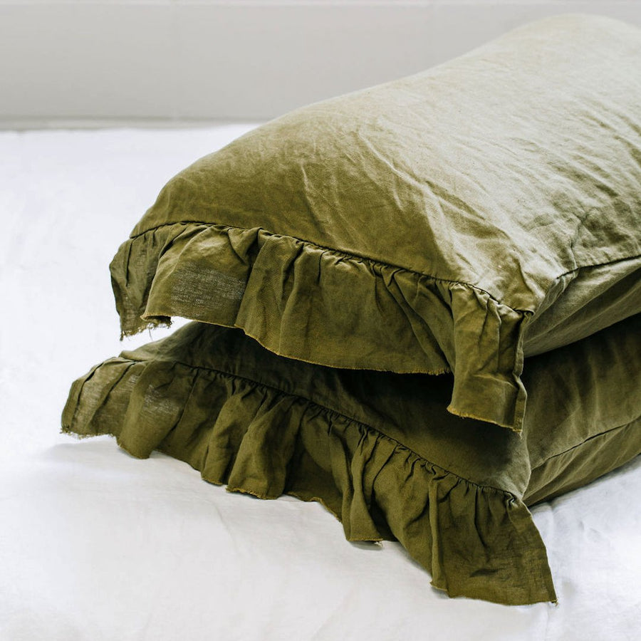 Toetoe Linen Ruffle Pillowcase Pair - Kelp