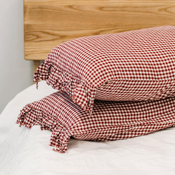 PRE-ORDER - Toetoe Linen Ruffle Pillowcase Pair - Mulberry Gingham