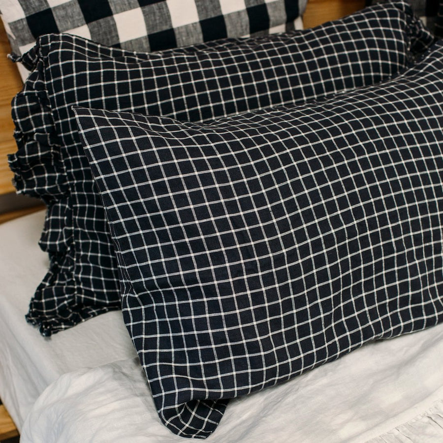 Toetoe Linen Ruffle Pillowcase Pair - Navy Grid