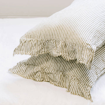 PRE-ORDER - Toetoe Linen Ruffle Pillowcase Pair - Olive Stripe