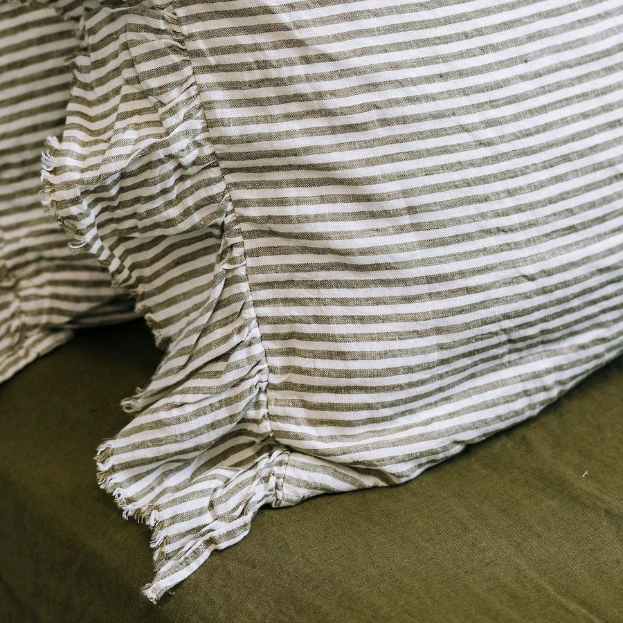 PRE-ORDER - Toetoe Linen Ruffle Pillowcase Pair - Olive Stripe