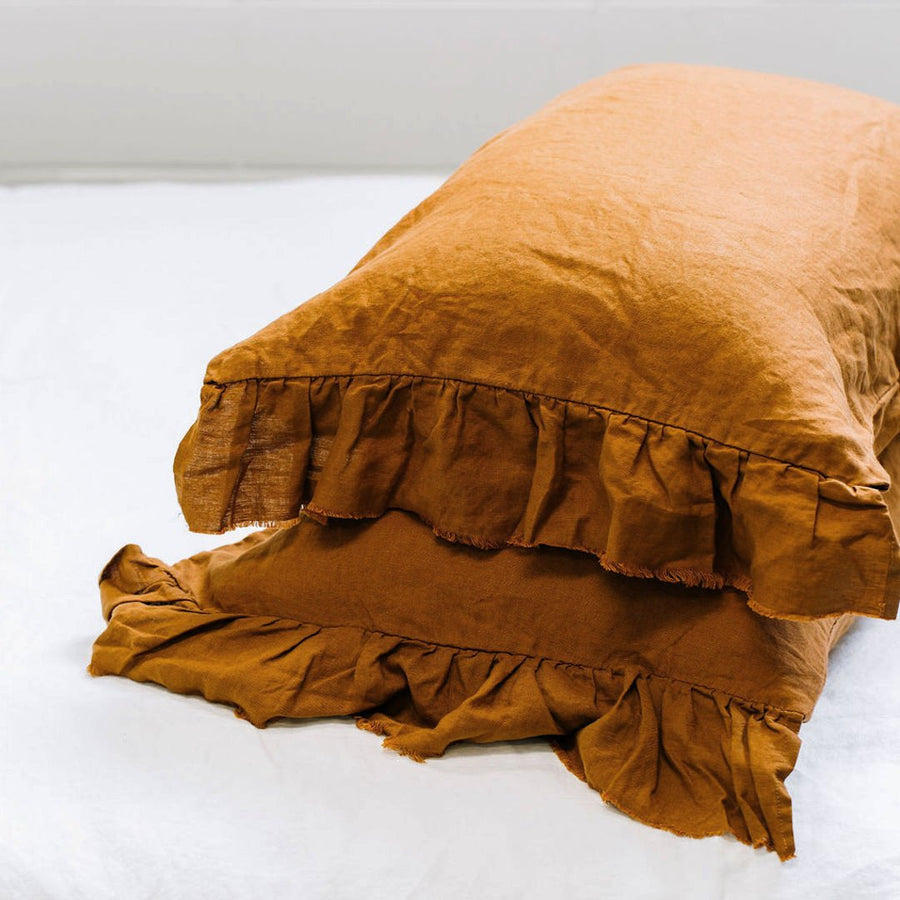 Toetoe Linen Ruffle Pillowcase Pair - Umber
