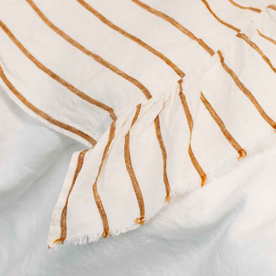 Toetoe Linen Sheet Set with Ruffle - Ginger Stripe
