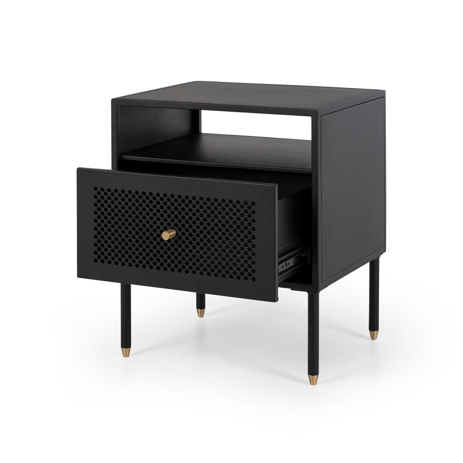 Papawai bedside table one drawer black front draw open