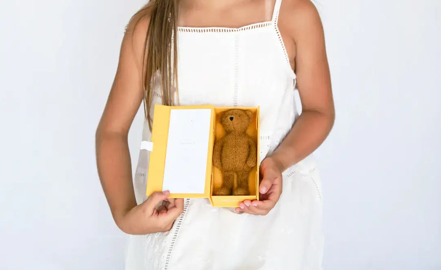Dear Ted - Tiny Ted Butterscotch inside box with child